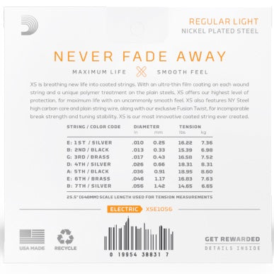 D'Addario XS Nickel Coated Electric Guitar Strings (.010 - .056) Regular Light 7-String