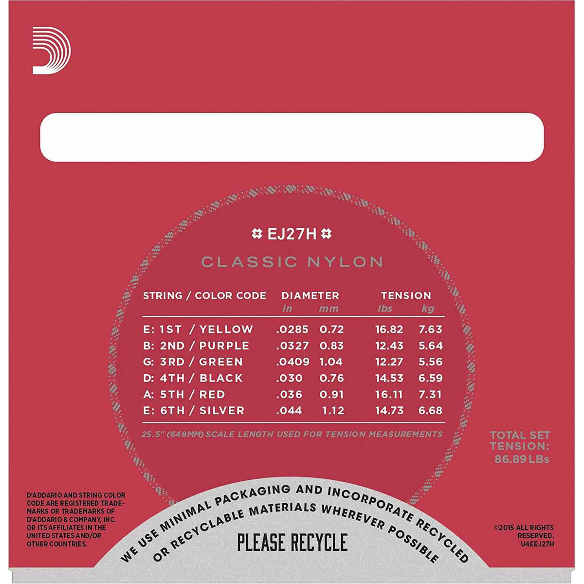 D'Addario EJ27H Student Nylon Classical Guitar Strings, Hard Tension