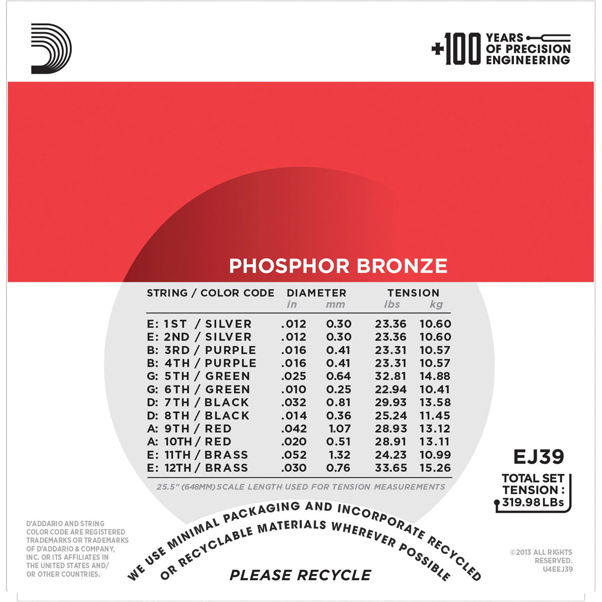 D'Addario EJ39 Phosphor Bronze 12-String Acoustic Strings (.012 -.052) Medium