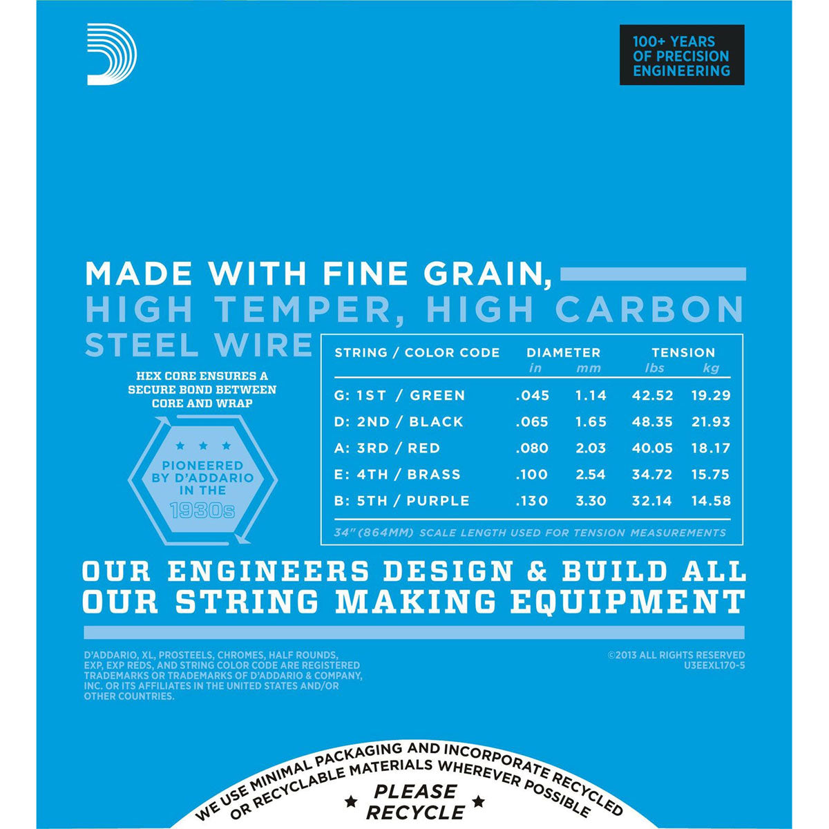 D'Addario EXL170-5 Bass Guitar Strings (.045 -.130) Light - 5-String Long Scale