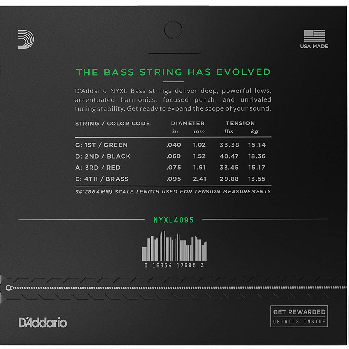 D'Addario NYXL Premium Bass Guitar Strings (.040 -.095) Super Light - Long Scale