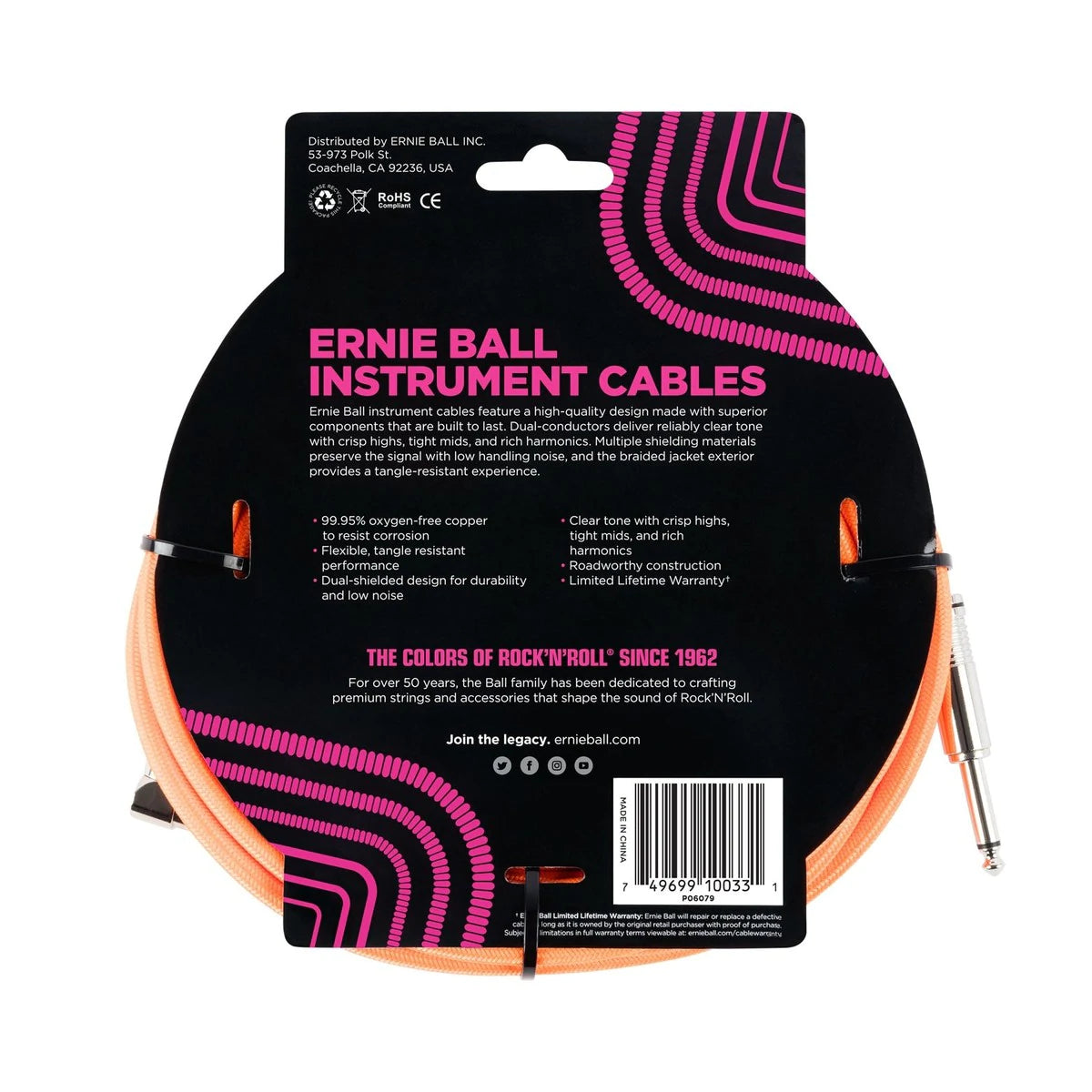 Ernie Ball Braided Instrument Cable in Neon Orange - Straight/Angle