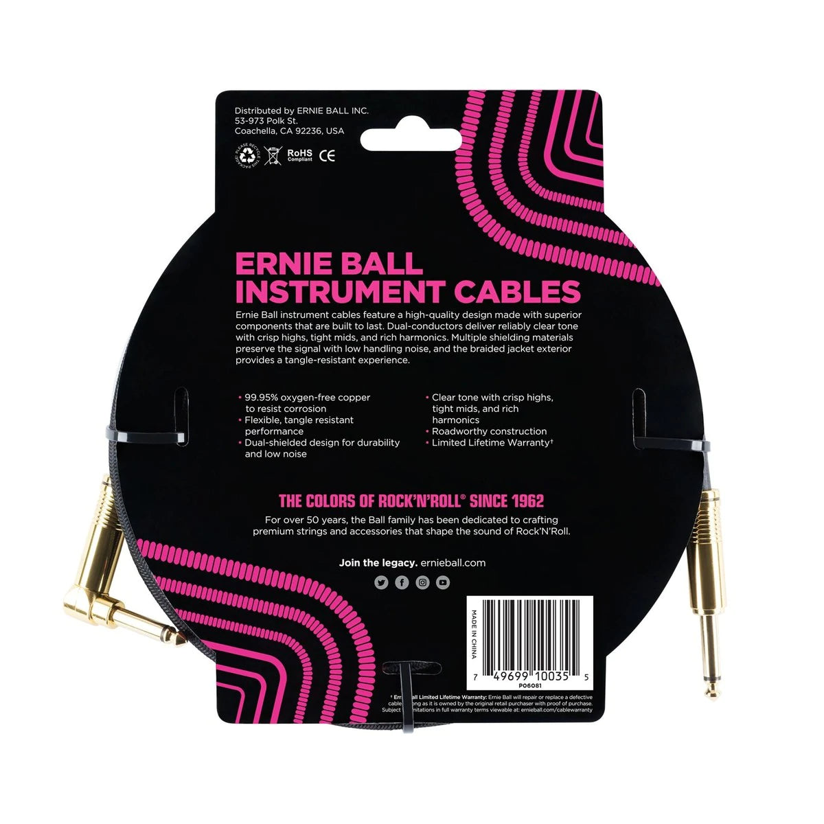 Ernie Ball Braided Instrument Cable in Black and Gold - Straight/Angle