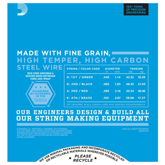 D'Addario EXL165 Bass Guitar Strings (.045 -.105) Reg Top/Med Bottom - Long Scale