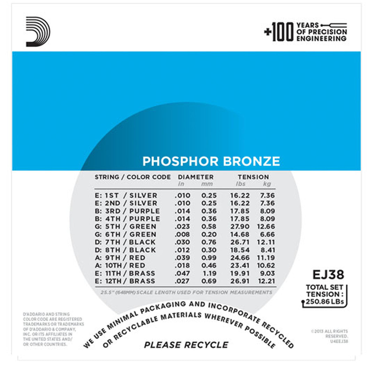 D'Addario EJ38 Phosphor Bronze 12-String Acoustic Strings (.010 -.047) Light