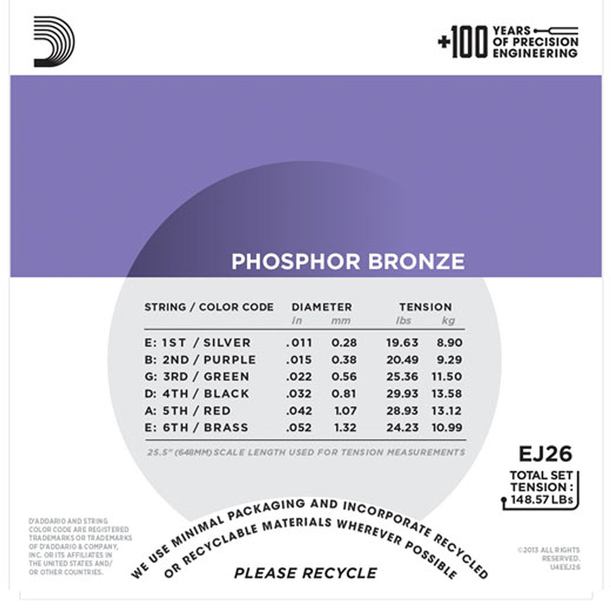D'Addario EJ26 Phosphor Bronze Acoustic Strings (.011 -.052) Custom Light **3 PACK**