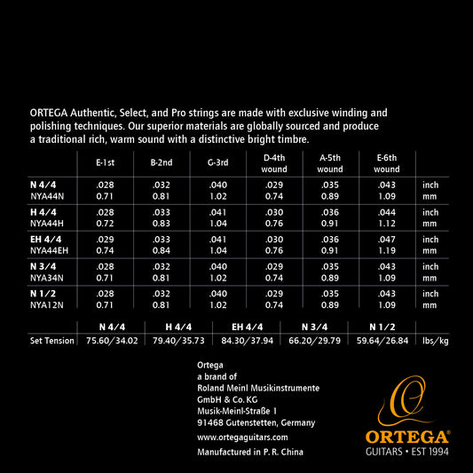 Ortega Custom Made Classical Guitar Strings - 3/4 Size Normal Tension