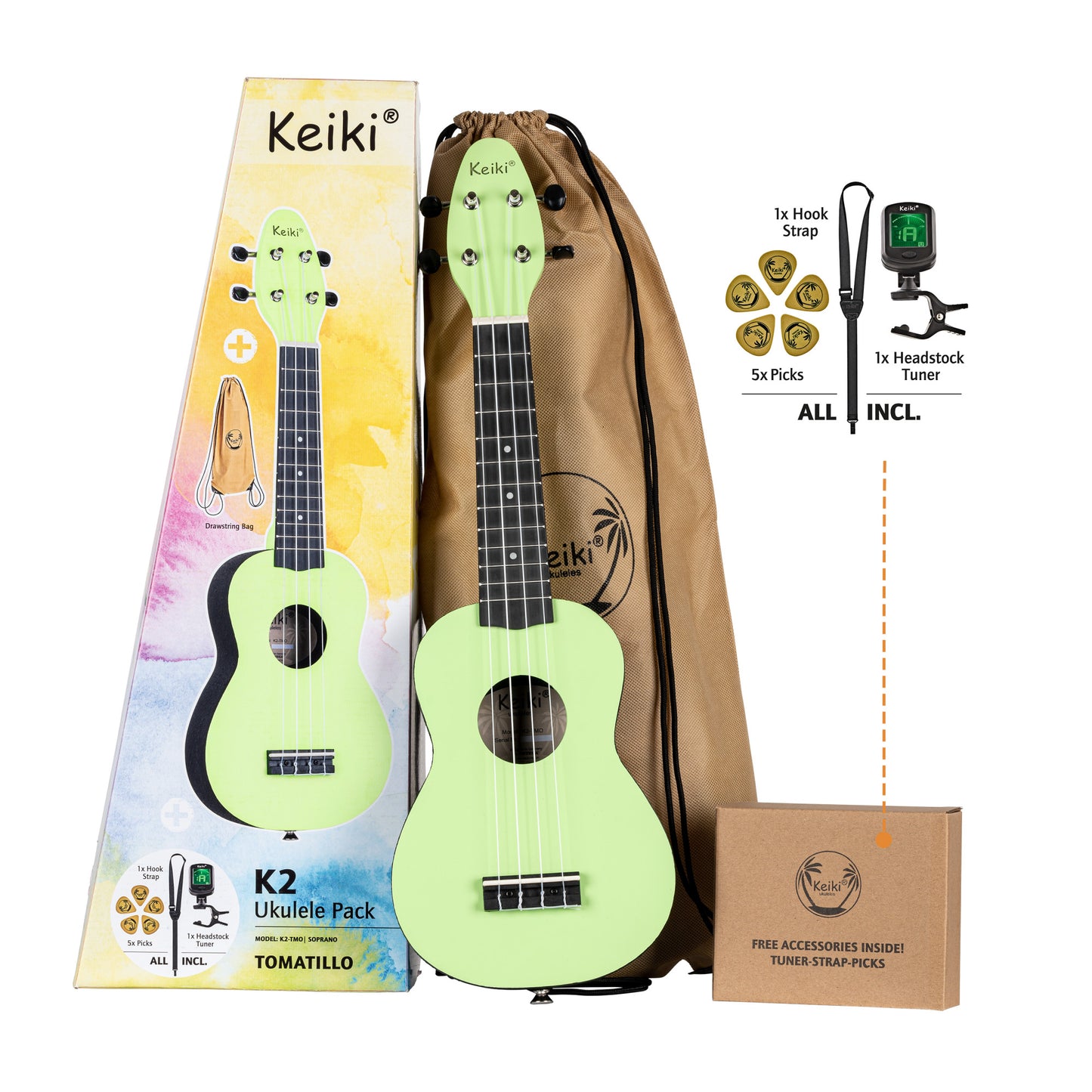 Keiki K2 Soprano Ukulele Pack - Tomatillo