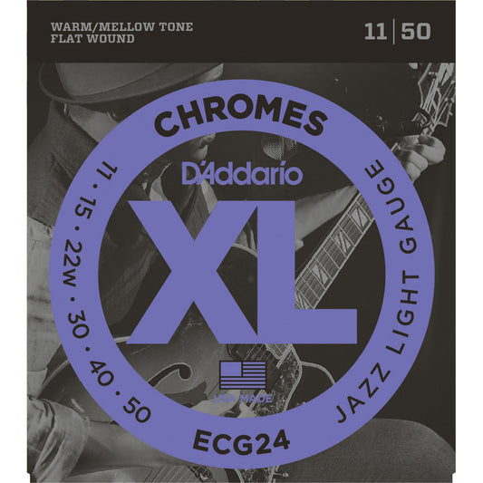 D'Addario ECG24 Chromes Flat Wound Electric Guitar Strings (.011 -.050) Jazz Light