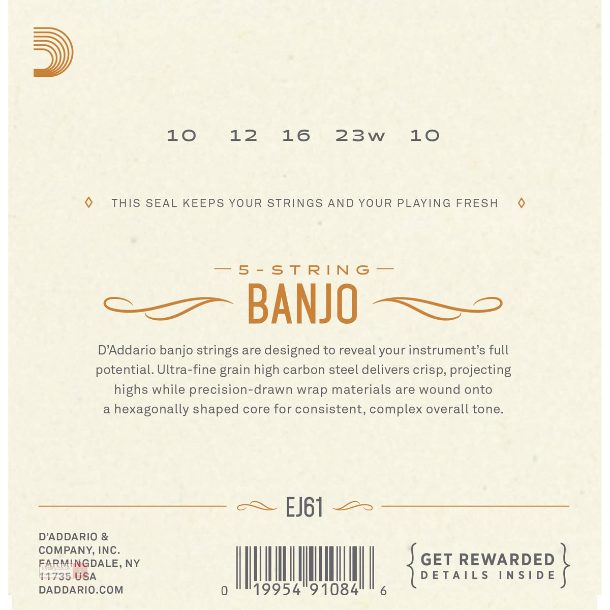 D'Addario EJ61 Nickel Wound Strings For 5-String Banjo (.010 -.023) Medium