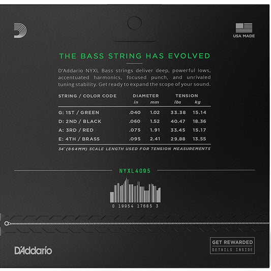 D'Addario NYXL Premium Bass Guitar Strings (.040 -.095) Super Light - Long Scale