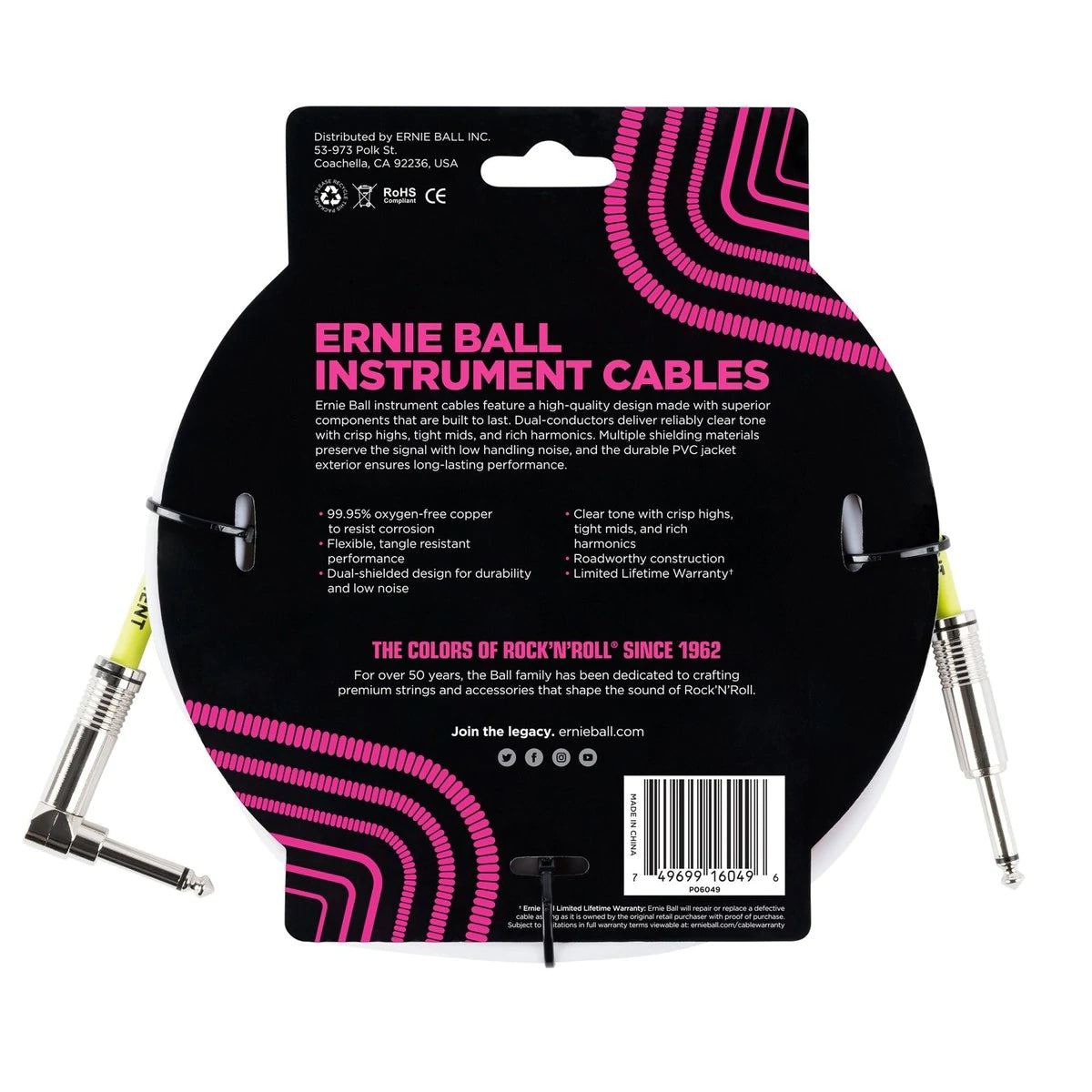 Ernie Ball Instrument Cable in White - Straight/Angle