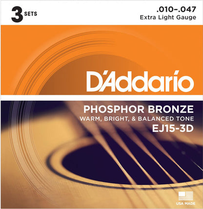 D'Addario EJ15 Phosphor Bronze, Extra Light (.010 -.047) **3 PACK**