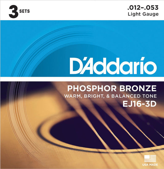 D'Addario EJ16 Phosphor Bronze, Light (.012 -.053) **3 PACK**