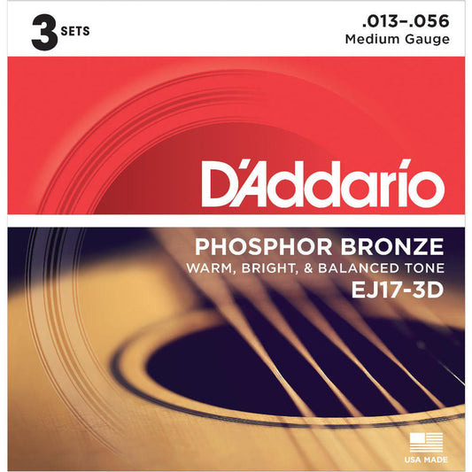 D'Addario EJ17 Phosphor Bronze, Medium (.013 -.056) **3 PACK**