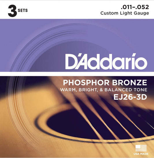 D'Addario EJ26 Phosphor Bronze, Custom Light (.011 -.052) **3 PACK**