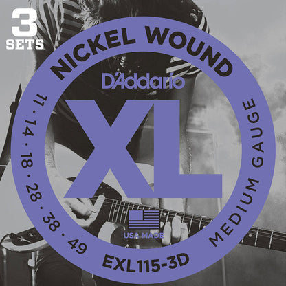 D'Addario EXL115 XL Nickel Wound, Blues/Jazz Rock (.011 -.049) **3 PACK**