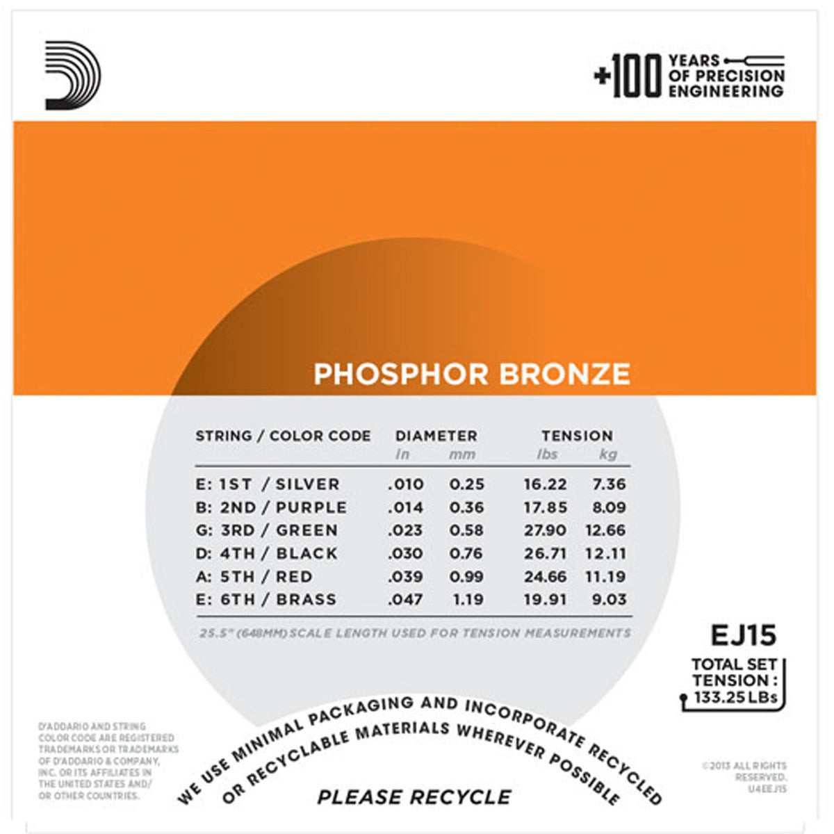 D'Addario EJ15 Phosphor Bronze Acoustic Strings (.010 -.047) Extra Light