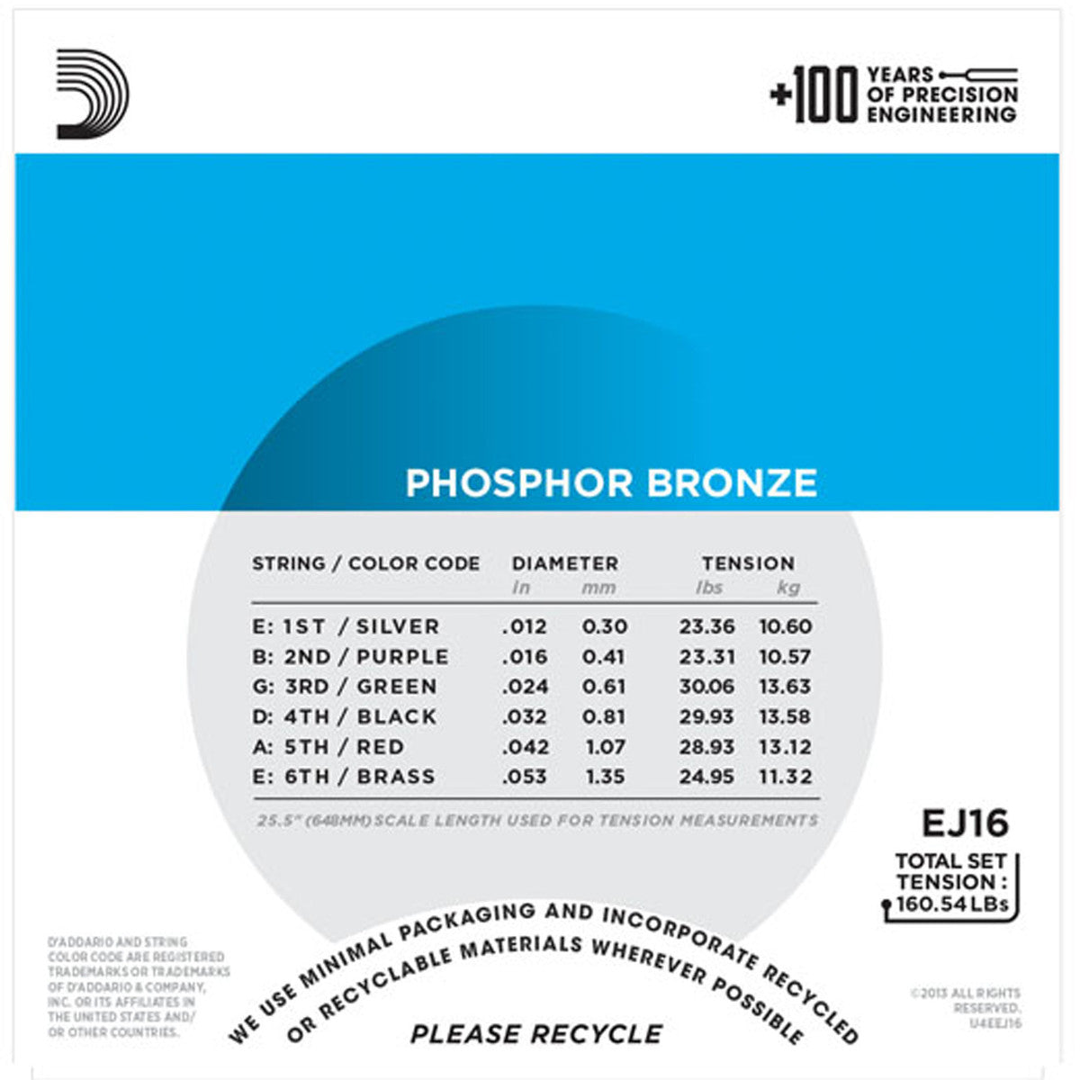 D'Addario EJ16 Phosphor Bronze Acoustic Strings (.012 -.053) Light